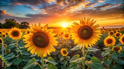 Wallpaper Mural Sunset over serene sunflower garden with glowing sunflowers, sunset, serene, sunflower garden, sunflowers, glowing, dusk Torontodigital.ca