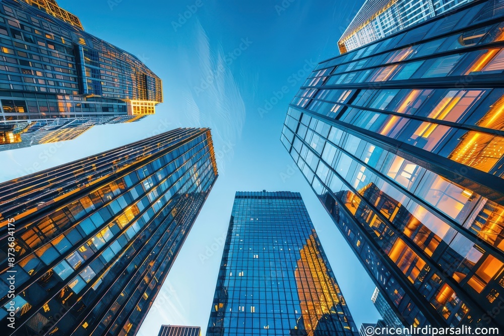custom made wallpaper toronto digitalLow angle view of modern skyscrapers with glass facades reflecting the sky during sunset in a bustling urban cityscape.