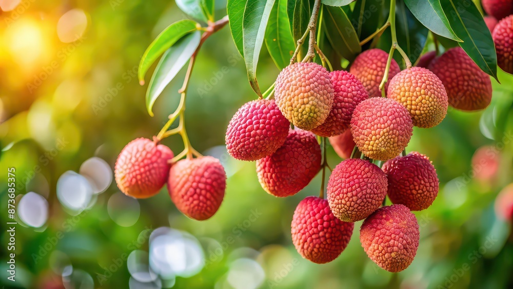 Close-up shot of a lychee branch with fresh fruits, lychee, tropical, fruit, tree, agriculture, close-up, macro, exotic, leaves