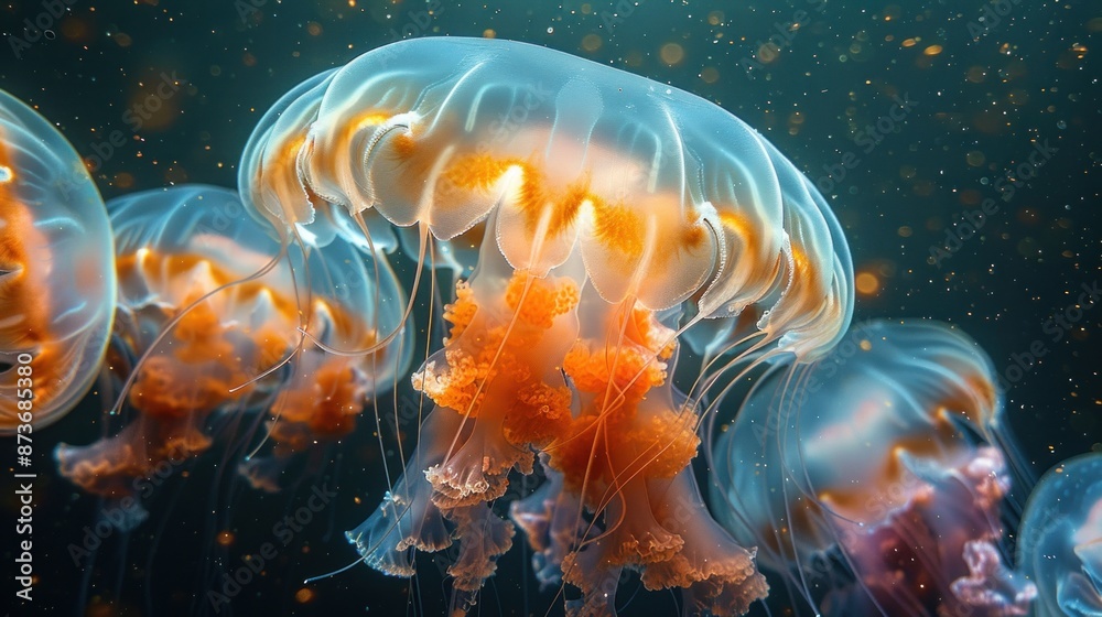 Fototapeta premium Mesmerizing jellyfish ballet showcased with spaced images