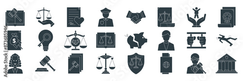 Legal and Law icons set, Included icons as Arbitration, Bankruptcy, Mediation, Gavel and more symbols collection, logo isolated vector illustration