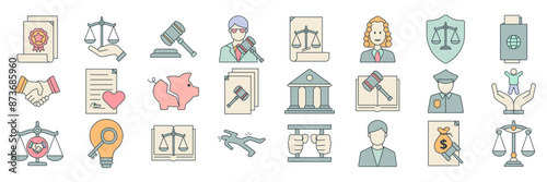 Legal and Law icons set, Included icons as Arbitration, Bankruptcy, Mediation, Gavel and more symbols collection, logo isolated vector illustration