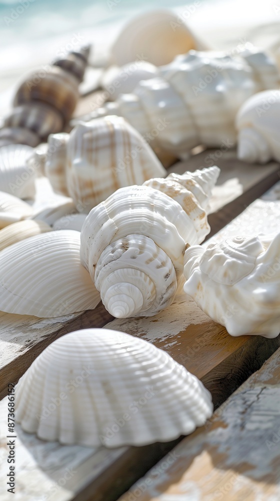 Serene seashell collection with white shells on a picnic table, featuring wide copy space for text, ideal for summer seaside themes.