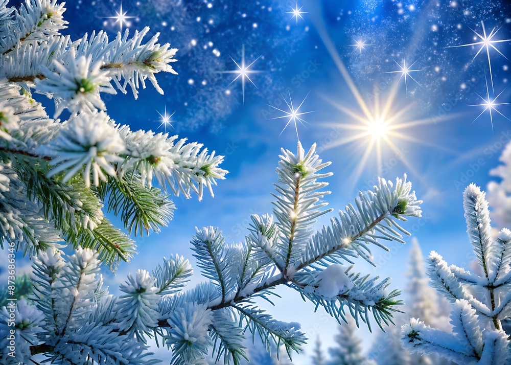 Snowflakes gently fall onto frosted evergreen branches against a serene blue winter sky, creating a peaceful and magical Christmas atmosphere. Snowflakes gently fall onto frosted evergreen branches against a serene blue winter sky, creating a peaceful and magical Christmas atmosphere.