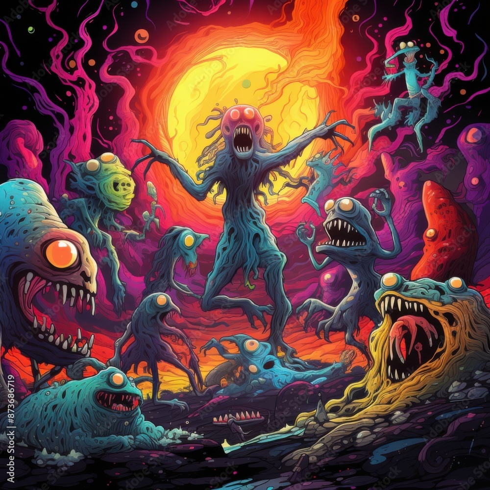 Creatures of the Neon Night - Psychedelic Monsters Dancing in Vibrant Colors under a Dreamlike Sky - Detailed Artwork in Dynamic Style Creatures of the Neon Night - Psychedelic Monsters Dancing in Vibrant Colors under a Dreamlike Sky - Detailed Artwork in Dynamic Style