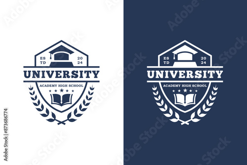 University college school logo badge design with shield for academy high school logo template