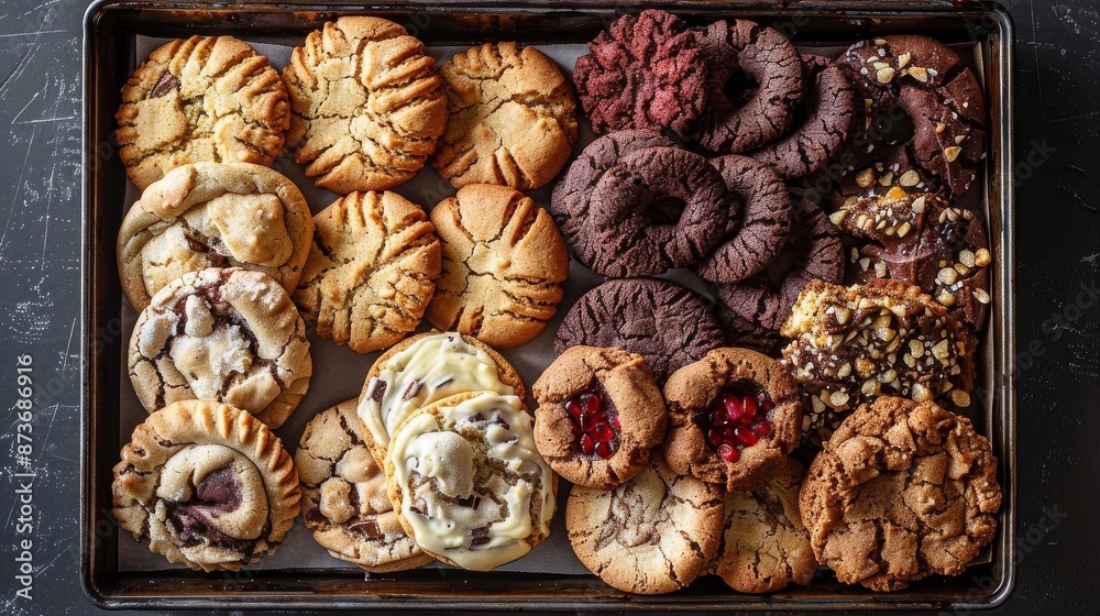 A tray filled with an assortment of freshly baked cookies, including chocolate chip, red velvet, and nut-topped varieties, perfect for dessert lovers. A tray filled with an assortment of freshly baked cookies, including chocolate chip, red velvet, and nut-topped varieties, perfect for dessert lovers.