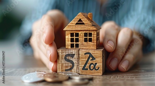 Wooden House Model on Blocks with Coins, symbolizing Investment in Real Estate photo