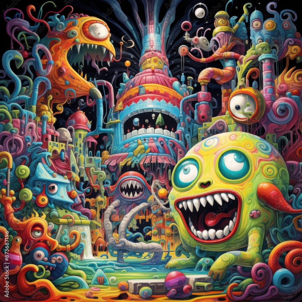 Spirited Monsters Enjoying a Vivid Psychedelic Playground Bursting with Color and Detail Spirited Monsters Enjoying a Vivid Psychedelic Playground Bursting with Color and Detail