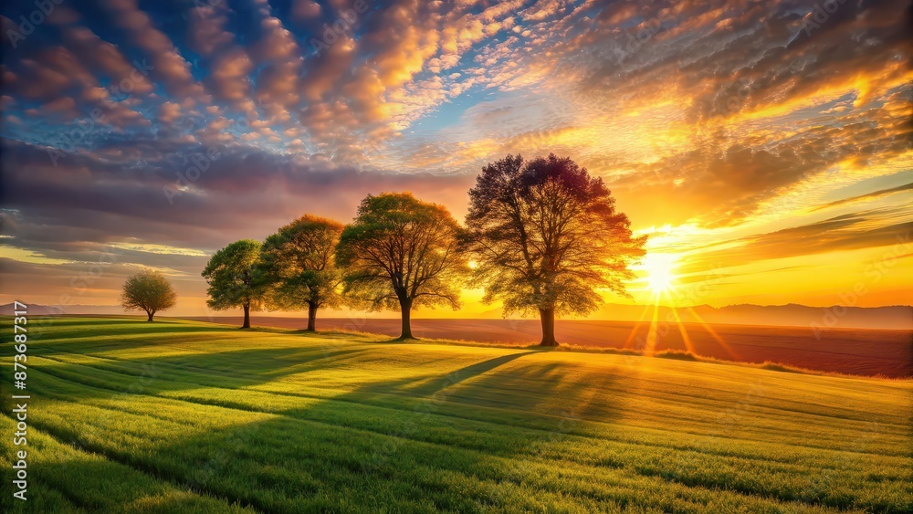 Fototapeta premium Vivid field with sunlit tree silhouettes , Nature, landscape, sunset, sun rays, colorful, vibrant, tranquil, outdoor