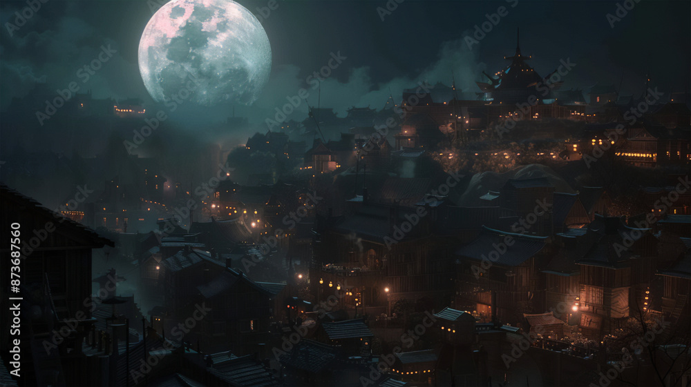 Fototapeta premium Enchanting full moon over the ancient city at night, illuminated by its light, with glowing windows, dark blue sky, stars, and silhouettes of mountains on the horizon. 