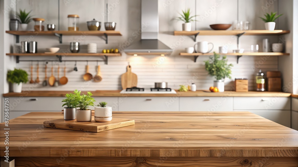 Wooden tabletop and stand with product display in stylish kitchen interior setting, wood, tabletop, stand, product display Wooden tabletop and stand with product display in stylish kitchen interior setting, wood, tabletop, stand, product display