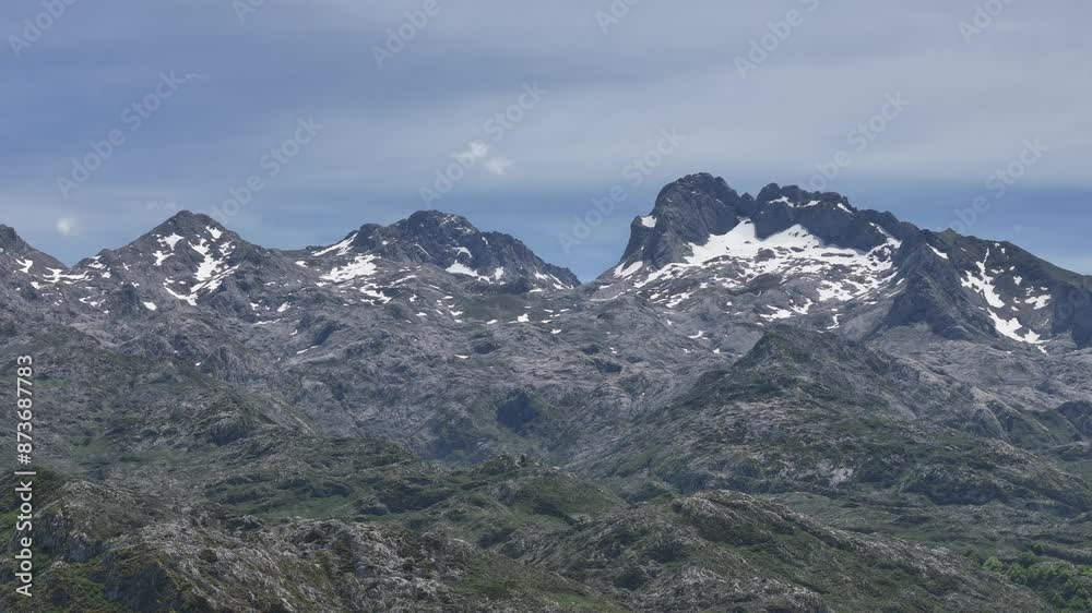 Snow caped mountains Picos de Europa Panning drone aerial Snow caped mountains Picos de Europa Panning drone aerial