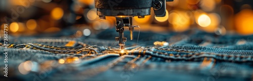 Closeup of Industrial Sewing Machine Stitching Denim Fabric