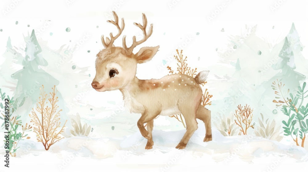 A cute baby deer in a snowy woodland scene with delicate plants and trees, perfect for winter-themed designs and holiday projects. A cute baby deer in a snowy woodland scene with delicate plants and trees, perfect for winter-themed designs and holiday projects.