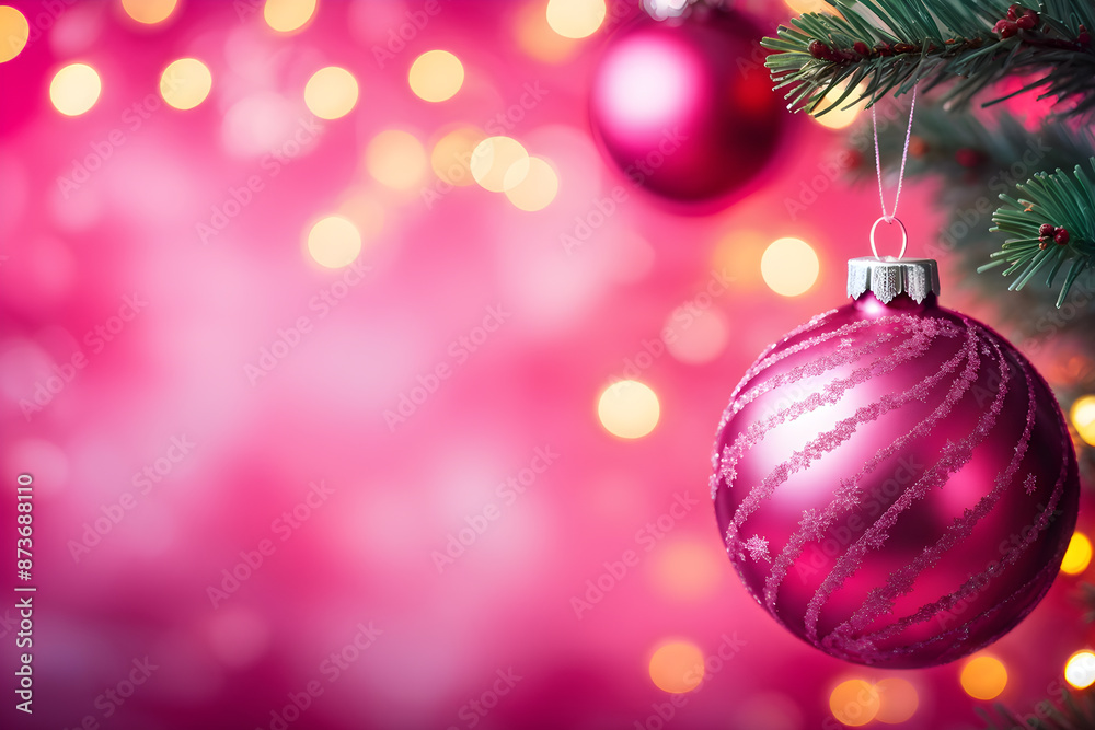 Fototapeta premium Close-up of sparkling pink Christmas bauble against a soft-focus light-filled background with copy space