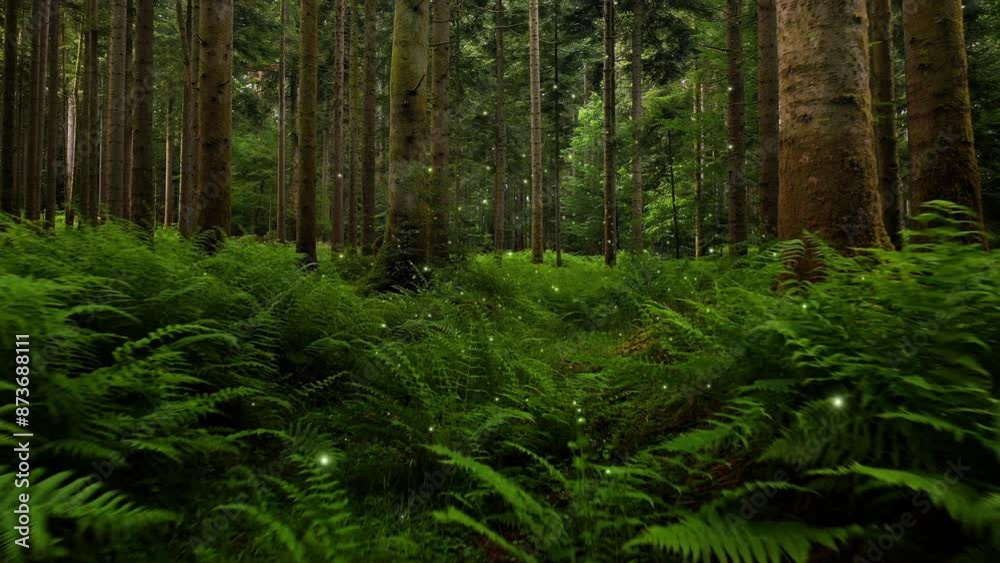 Beautiful flickering fireflies flight inside green forest with conifer trees and fern plants. Beautiful flickering fireflies flight inside green forest with conifer trees and fern plants.