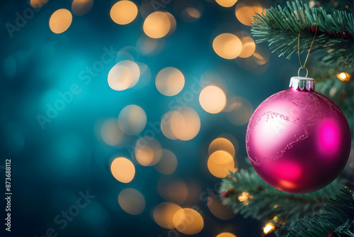 Festive pink bauble on evergreen branch against twinkling blue bokeh backdrop with copy space