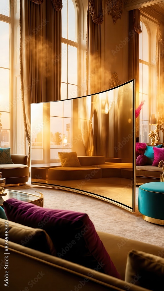 Fototapeta premium A sleek, 4K resolution modern golden television situated in a lavish