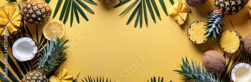 Fresh Pineapple and Coconut Arrangement on Yellow Background