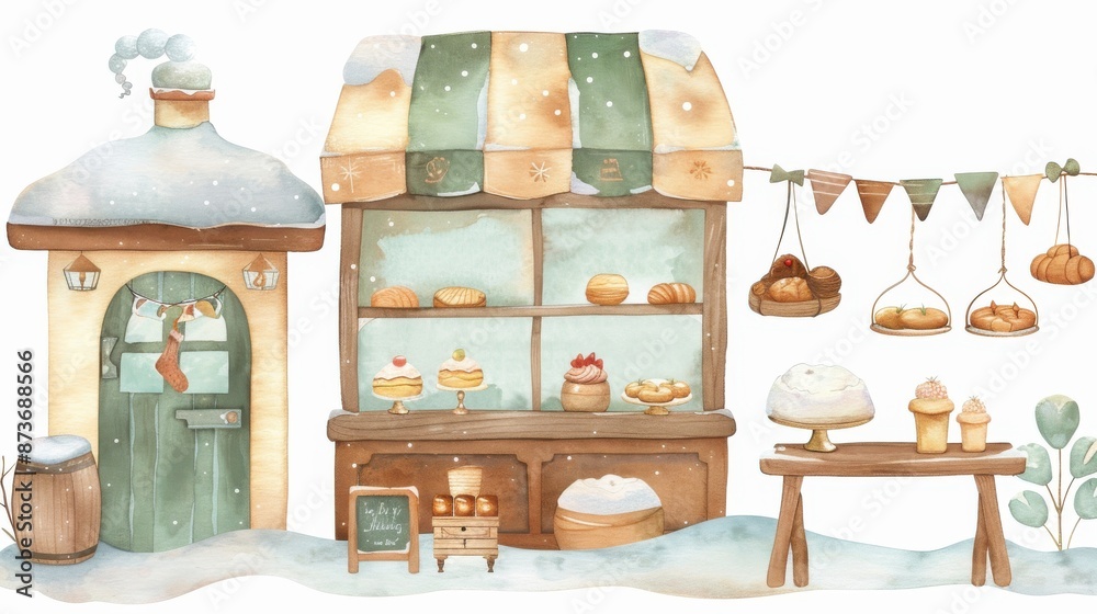 Fototapeta premium Charming winter bakery illustration with pastries, snow-covered shop, cozy atmosphere, and festive decor. Perfect for holiday designs.
