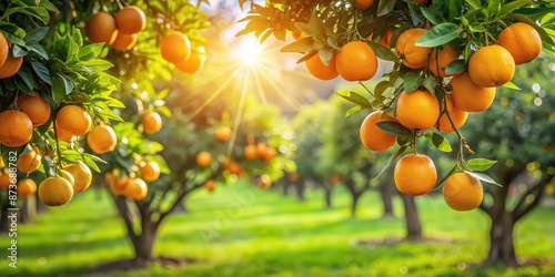Fresh oranges hanging on a tree in a sunny orchard, citrus, fruit, ripe, agriculture, harvest, farm, organic, juicy, vitamin C