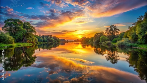 Sunset over the calm river with reflections of the sky and trees , sunset, river, reflections, sky, trees, water, peaceful