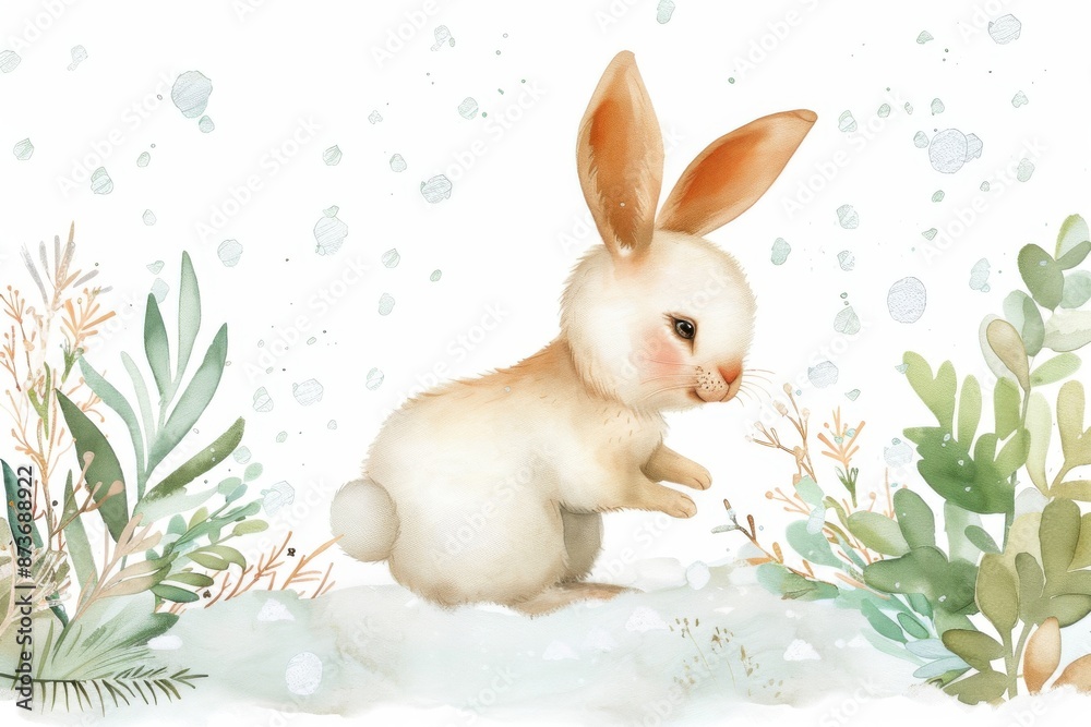Cute watercolor illustration of a bunny in a snowy landscape with greenery. Perfect for holiday cards and decorations. Cute watercolor illustration of a bunny in a snowy landscape with greenery. Perfect for holiday cards and decorations.