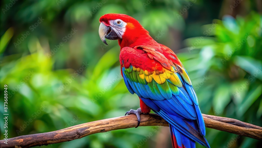Obraz premium Vibrant blue and red macaw parrot perched on a branch , colorful, feathers, tropical, exotic, bird, wildlife, nature, vibrant