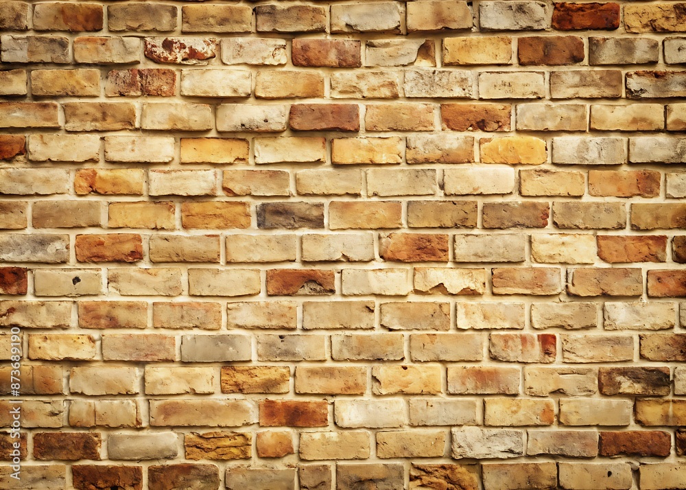Fototapeta premium Weathered old brick wall with a warm cream color tone, uneven texture, and subtle cracks, adding a touch of vintage charm to any setting.