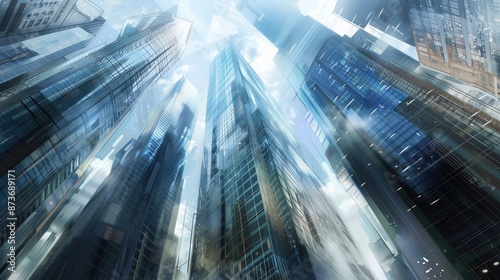 Skyward View of Glass and Steel Skyscrapers