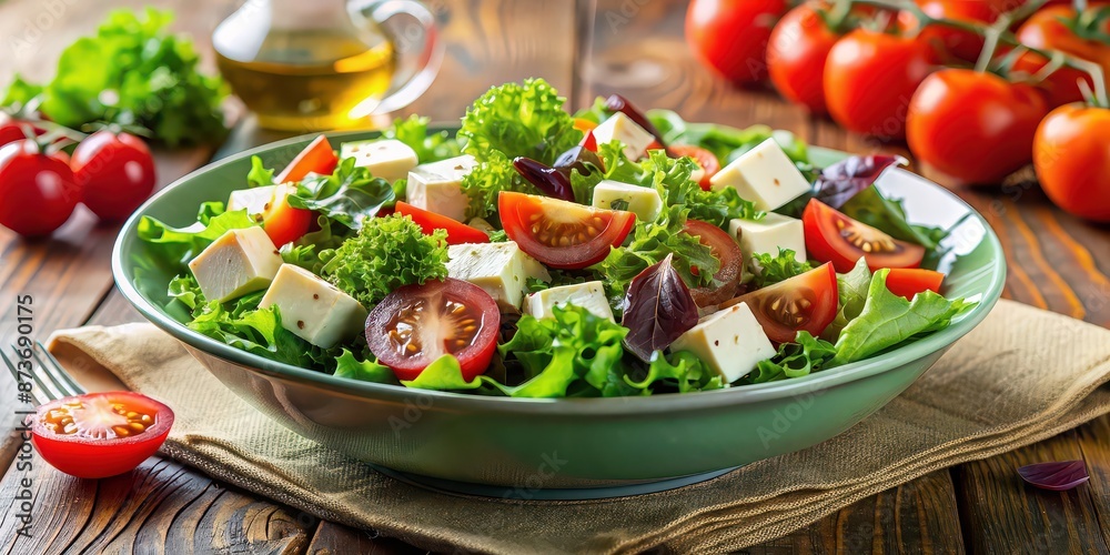 Fresh and healthy vegetarian salad with cheese, tomato, and green vegetables , food, cheese, tomato, bread, vegetable, salad, green Fresh and healthy vegetarian salad with cheese, tomato, and green vegetables , food, cheese, tomato, bread, vegetable, salad, green