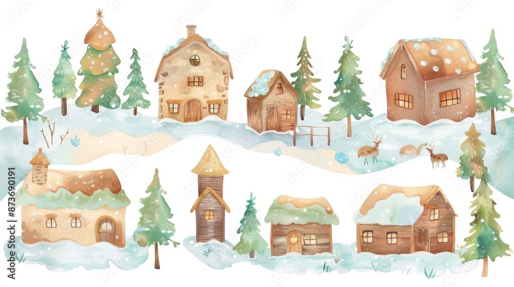 Obraz premium Watercolor winter village scene with cozy houses, snow-covered trees, and deer, illustrating a festive and serene holiday atmosphere.