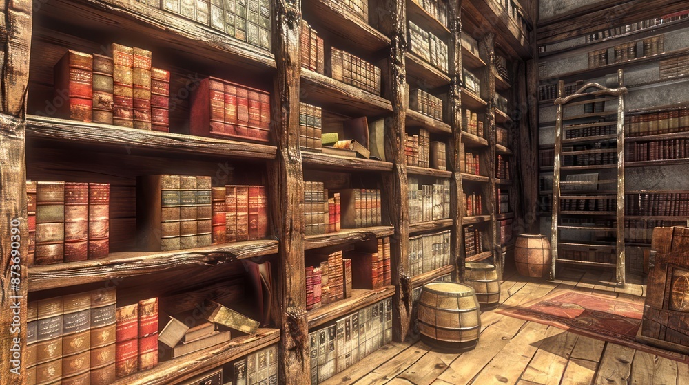 A large room with a lot of bookshelves and a ladder A large room with a lot of bookshelves and a ladder