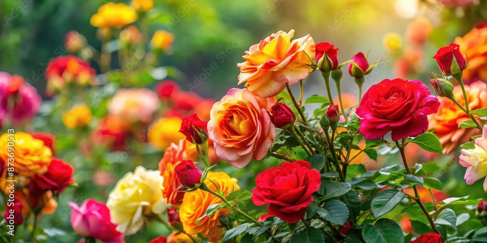 Colorful rose bush with red and yellow flowers blooming simultaneously, Rose, bush, colorful, amazing, various colors Colorful rose bush with red and yellow flowers blooming simultaneously, Rose, bush, colorful, amazing, various colors