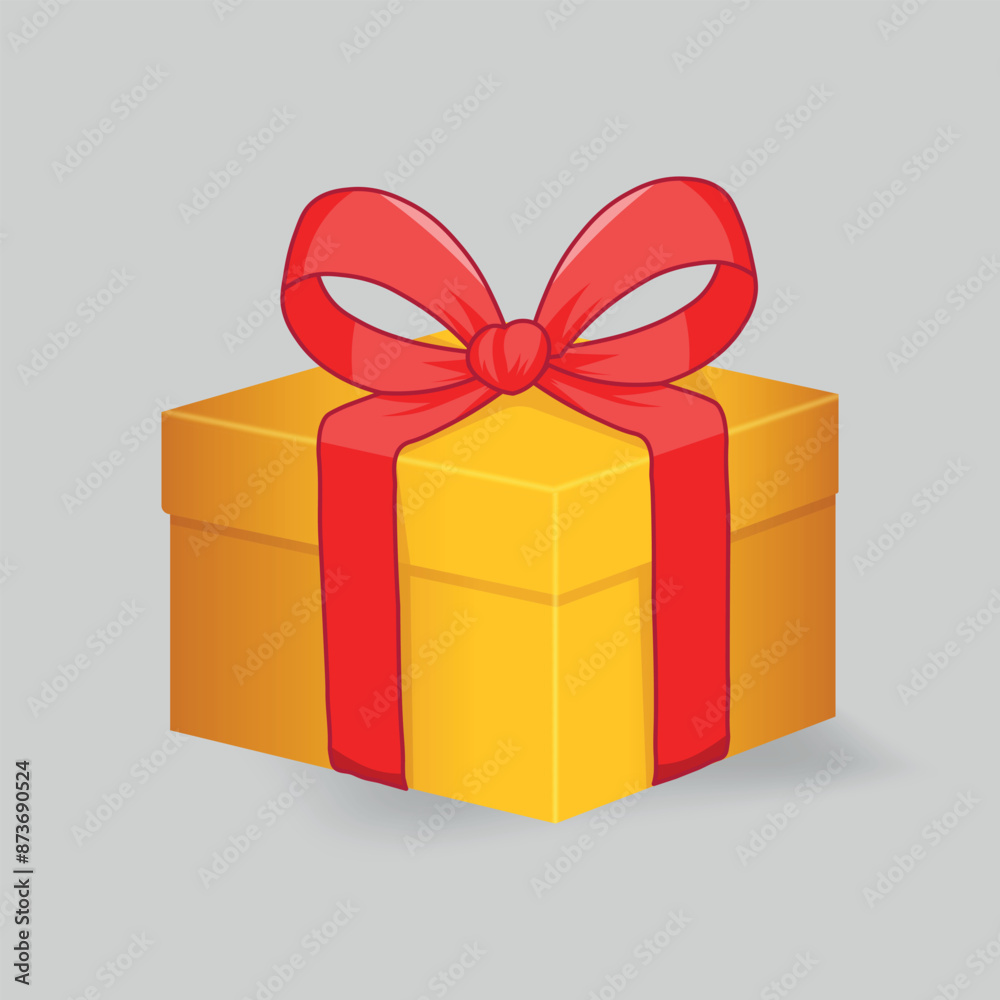 Golden Gift Box with Red Bow, ribbon on top, isolated on white background Golden Gift Box with Red Bow, ribbon on top, isolated on white background