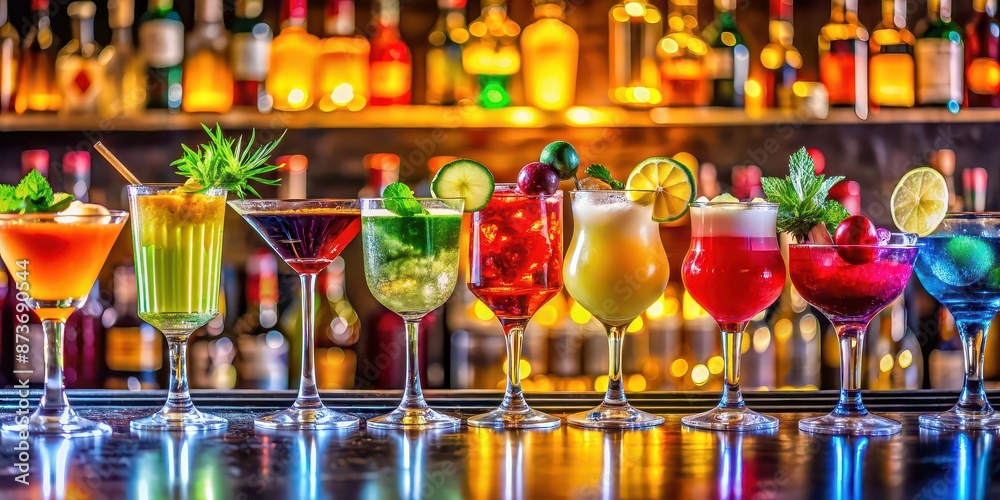 Vibrant and colorful cocktails on a bar counter, alcohol, mixed drinks, garnish, party, celebration, beverages, bartender Vibrant and colorful cocktails on a bar counter, alcohol, mixed drinks, garnish, party, celebration, beverages, bartender