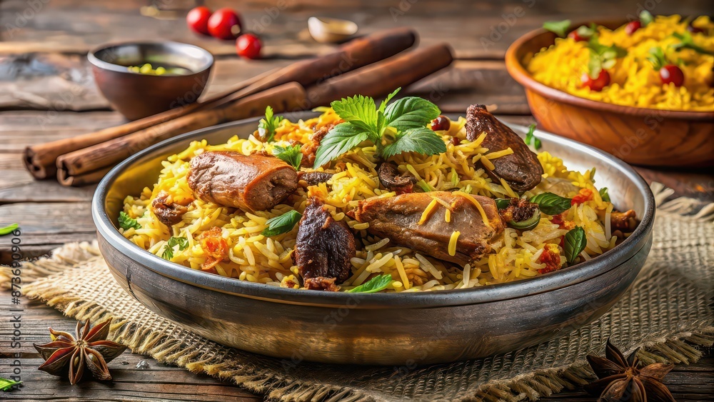 Delicious and flavorful Indian biryani dish with aromatic spices, saffron rice, and tender meat pieces, Biryani Delicious and flavorful Indian biryani dish with aromatic spices, saffron rice, and tender meat pieces, Biryani