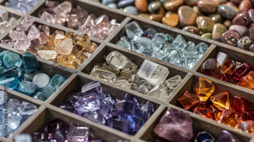 A closeup of a variety of gemstones each in their own compartment in a jewelers sorting tray waiting to be used in a oneofakind piece.