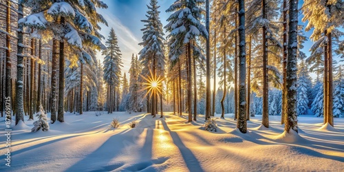 Winter forest with the morning sun shining on a snowy landscape, winter, forest, morning, sun, shining, snow, landscape, nature