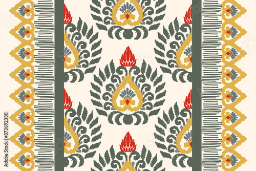 Ikat floral paisley embroidery on white background. Traditional ethnic ikat, aztec abstract vector pattern, seamless pattern in tribal, folk embroidery and mexican style.
