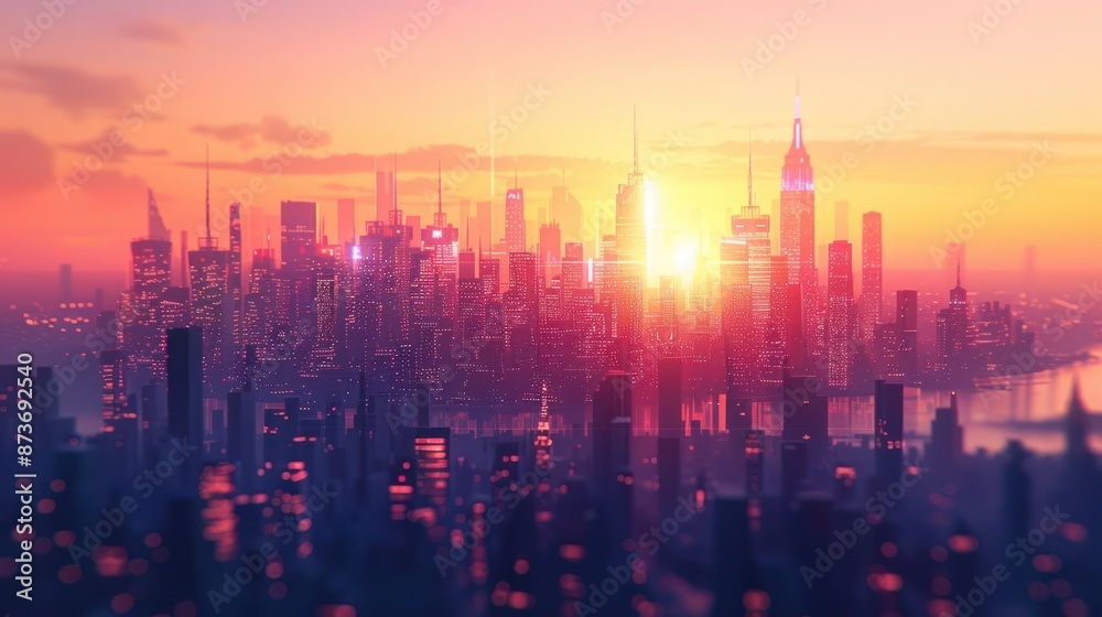 A city skyline with a bright orange sun in the background A city skyline with a bright orange sun in the background