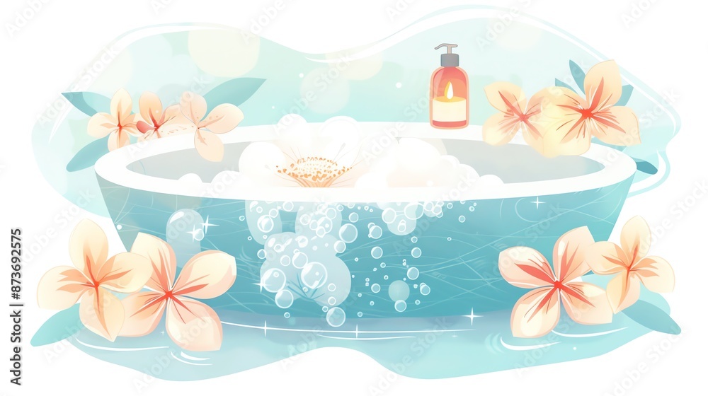 Obraz premium A tranquil spa setting with a bubble-filled bathtub, surrounded by soft flowers and a soap dispenser, evoking a sense of relaxation and luxury.