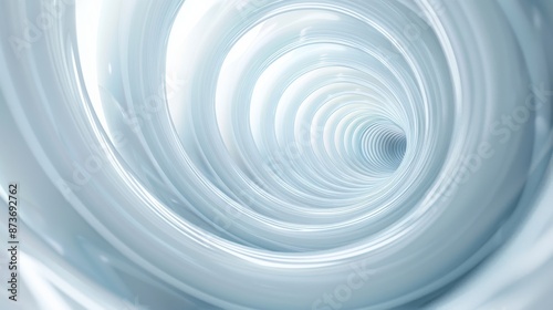 Abstract spiral tunnel with smooth white and silver tones, creating a futuristic and dynamic background for various creative uses.