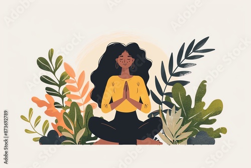 Illustration of a peaceful woman in meditation surrounded by lush green plants, representing serenity and mindfulness.