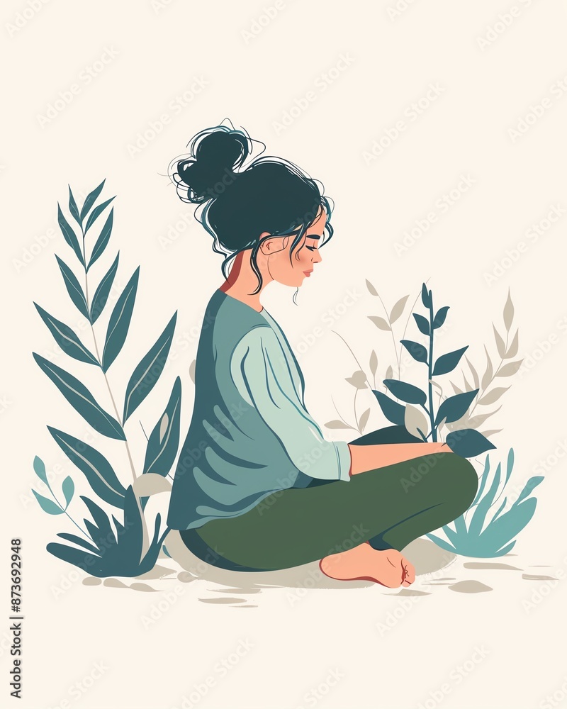 Illustration of a woman sitting among plants, reflecting nature and tranquility with calm pastel colors and simple design. Illustration of a woman sitting among plants, reflecting nature and tranquility with calm pastel colors and simple design.