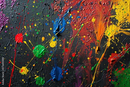 Closeup of a black canvas with colorful, dynamic splatters of paint creating an abstract art piece