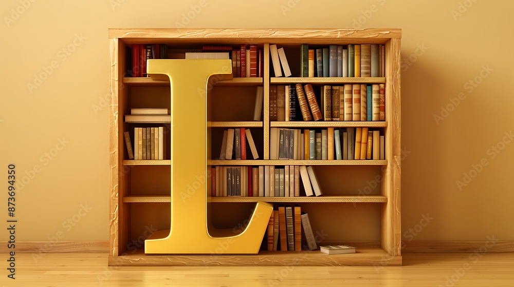 Alphabet bookshelf concept with L letters isolated on golden background Alphabet bookshelf concept with L letters isolated on golden background