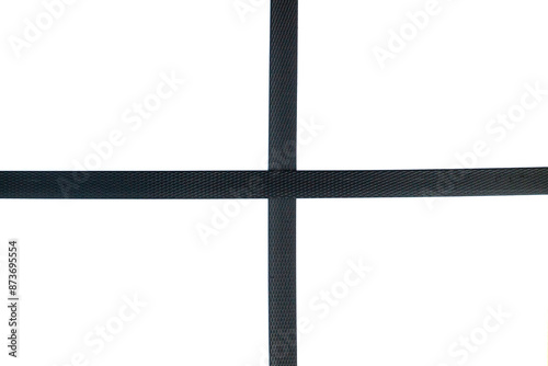 Black nylon cord strap for industrial use isolated on white background, close up plastic poly strap for cargo box. Composite cord strapping belt for securing a transportation.