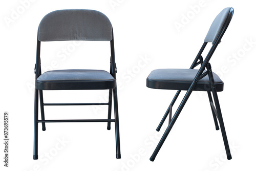 Metal folding chair, A classic black metal folding chair, Folding chairs are used for all types of events and gatherings, they fold closed for easy storage and transportation, Isolated on white.